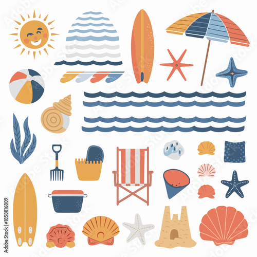Summer beach scene with surfboard, umbrella, seashells, and other beach items on a blue background