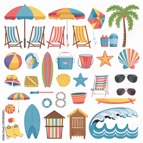 Colorful beach and summer vacation items including umbrellas, deck chairs, surfboards, and tropical elements