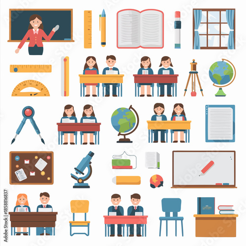 A colorful illustration of a classroom with students, teachers, and educational supplies like books, globes, and desks