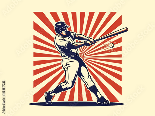 Dynamic vector illustration of baseball player swinging bat in powerful motion, retro modern sports poster style, ideal for sports ads, posters, and youth branding
