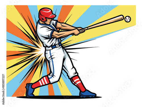Dynamic vector illustration of baseball player swinging bat in powerful motion, retro modern sports poster style, ideal for sports ads, posters, and youth branding