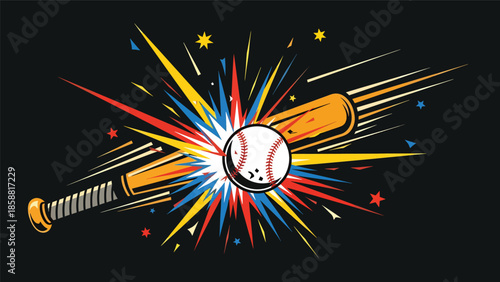 Vector illustration of baseball batter hitting ball with strong motion lines, energetic retro sports style, ideal for sports marketing, posters, and advertising
