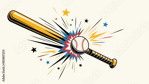 Vector illustration of baseball batter hitting ball with strong motion lines, energetic retro sports style, ideal for sports marketing, posters, and advertising