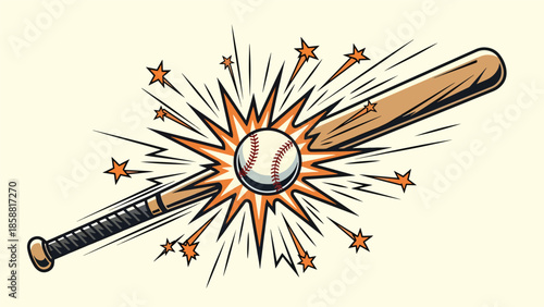 Vector illustration of baseball batter hitting ball with strong motion lines, energetic retro sports style, ideal for sports marketing, posters, and advertising