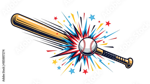 Vector illustration of baseball batter hitting ball with strong motion lines, energetic retro sports style, ideal for sports marketing, posters, and advertising