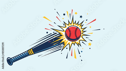 Vector illustration of baseball batter hitting ball with strong motion lines, energetic retro sports style, ideal for sports marketing, posters, and advertising