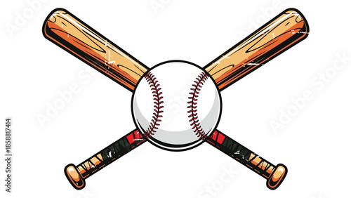Vector illustration of crossed baseball bats with central ball, bold sports emblem design ideal for logos, posters, merchandise, and branding