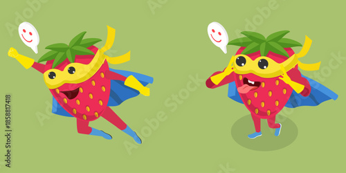 3D Isometric Flat Vector Illustration of Strawberry Superhero, Masked Character With Hands Up In Playful Pose