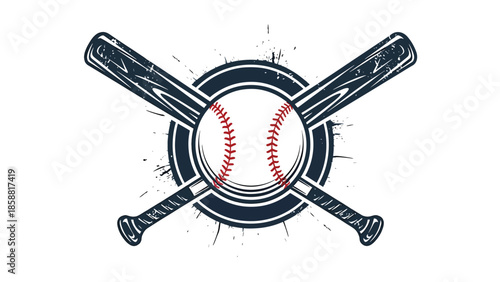 Vector illustration of crossed baseball bats with central ball, bold sports emblem design ideal for logos, posters, merchandise, and branding