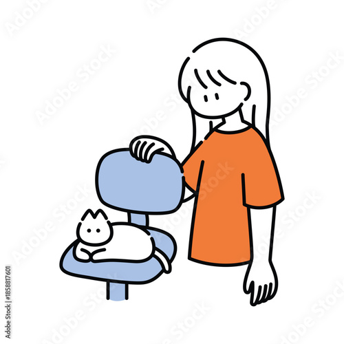 Girl Looking at Cat Sleeping on Chair Vector