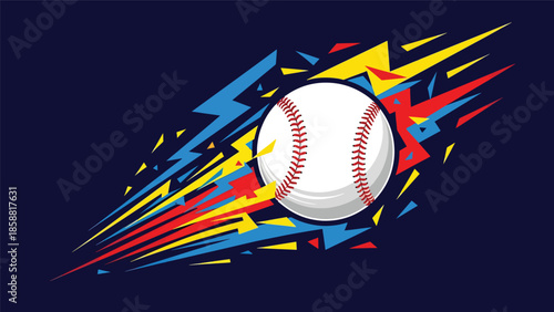 High-energy vector illustration of baseball flying with lightning-style motion shapes, modern youth sports background ideal for ads and posters