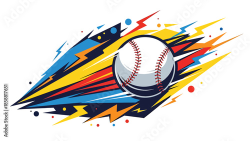 High-energy vector illustration of baseball flying with lightning-style motion shapes, modern youth sports background ideal for ads and posters