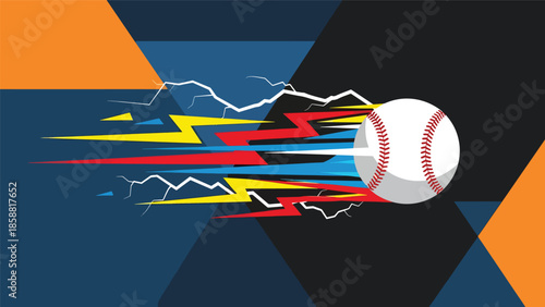 High-energy vector illustration of baseball flying with lightning-style motion shapes, modern youth sports background ideal for ads and posters