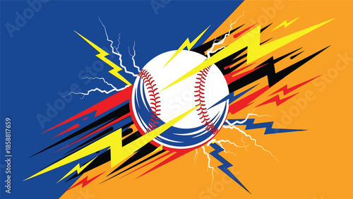 High-energy vector illustration of baseball flying with lightning-style motion shapes, modern youth sports background ideal for ads and posters