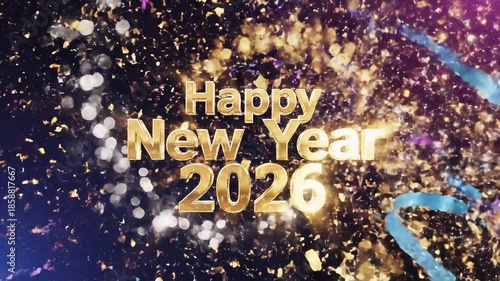 Festive Happy New Year 2026 Celebration Background with Golden 3D Typography, Glittering Confetti, and Blue Ribbons