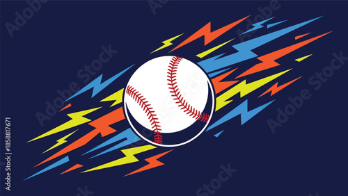 High-energy vector illustration of baseball flying with lightning-style motion shapes, modern youth sports background ideal for ads and posters