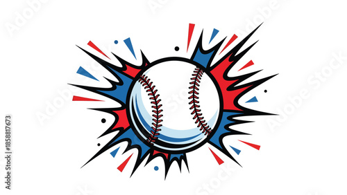 Bold vector illustration of baseball with stylized stitching and impact effects, modern sports graphic ideal for posters, ads, and merch