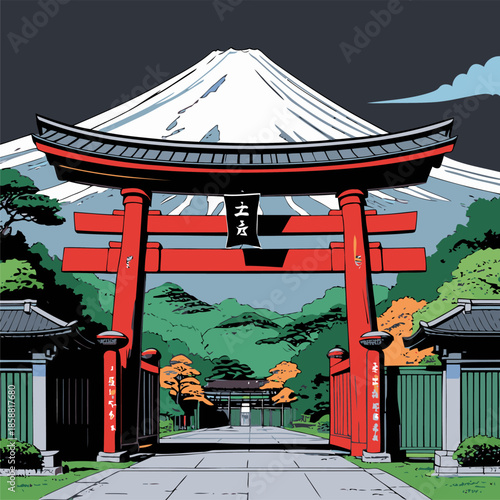 Vector image of a traditional Japanese gate in an image with attractive colors