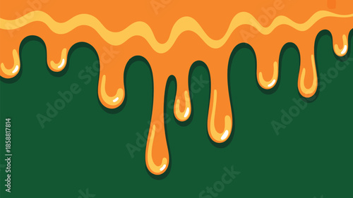 Vibrant orange liquid drips down dark green background