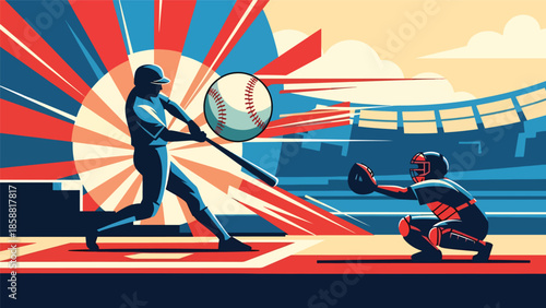 Modern vector illustration of baseball action simplified into bold graphic shapes, high-contrast sports poster style ideal for ads