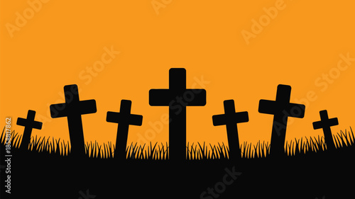 Spooky graveyard scene with black crosses on orange background