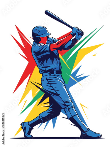 Vector illustration of baseball player in powerful follow-through swing pose, bold sports poster style ideal for ads and prints