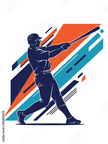 Vector illustration of baseball player in powerful follow-through swing pose, bold sports poster style ideal for ads and prints