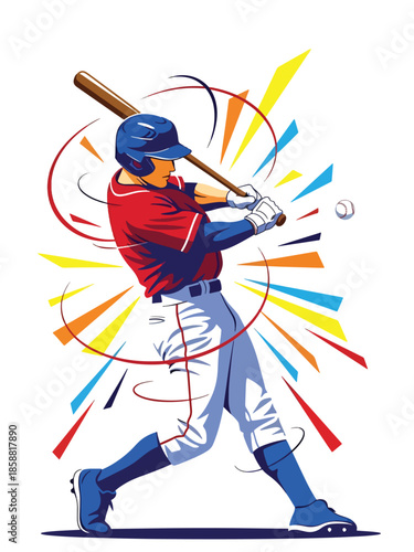 Vector illustration of baseball player in powerful follow-through swing pose, bold sports poster style ideal for ads and prints