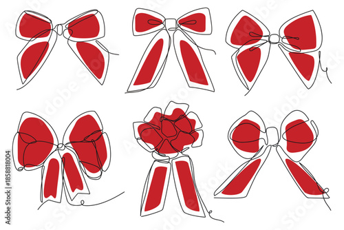 Red different ribbon bows for gift, set of continuous one-line drawings