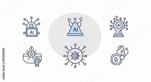 Set of blue line art icons representing Artificial Intelligence concepts.