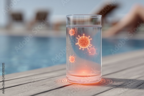 A glass of water by the pool with virus light. The concept of polluted drinking water: orange microbes inside a glass, floorboards, a summer playground, background blur.