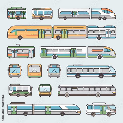 Collection of various colorful buses and trains in a flat design style, isolated on