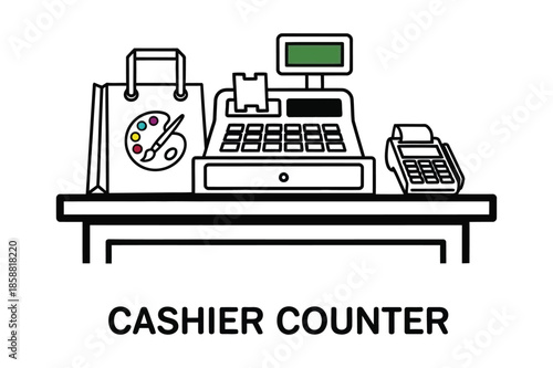 Retail Cashier Counter with Register and Shopping Bag