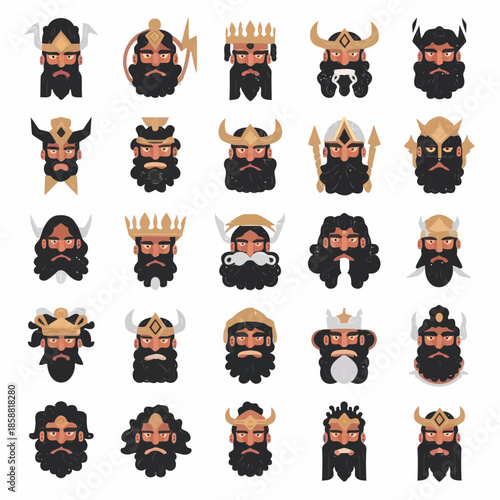 Collection of cartoon viking faces with beards and helmets, various expressions and headgear, fantasy warriors, medieval warriors, isolated on