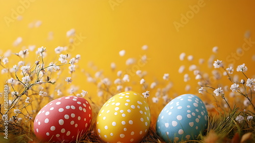 Bright and festive image featuring three beautifully decorated Easter eggs placed among delicate white flowers.