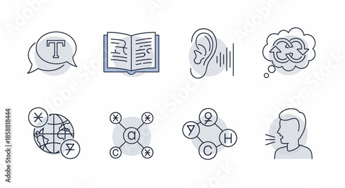 Hand drawn doodle icon set for language and translation services.