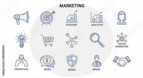 Marketing Strategy and Analytics Icons for Business Presentation.