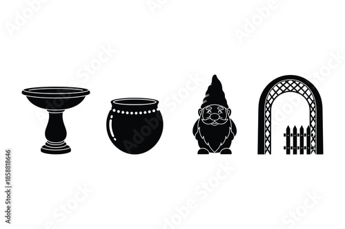 Set of garden ornament silhouettes including a gnome and birdbath