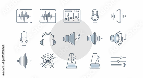Minimalist collection of sound, audio, and music line art icons.