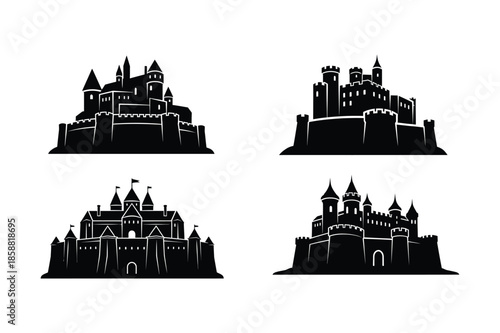 Black silhouettes of medieval castle fortresses and towers