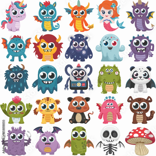 Colorful cartoon monsters and fantasy creatures in various playful poses isolated on