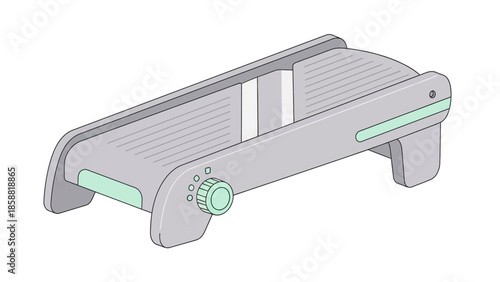 Illustration of a gray mandoline slicer with green accents, kitchen tool.