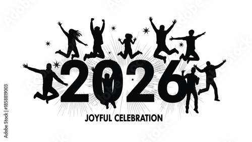 People celebrating and jumping with a new year 2026 design illustration