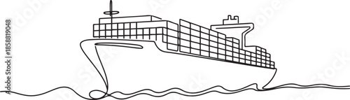 Cargo Ship with Containers. Continuous One Line Drawing Illustrating International Transport and Global Trade Concepts. one line Art icon drawing