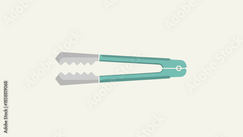 Illustration of kitchen tongs with a teal handle on a cream background.