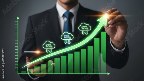 Business professional in formal suit drawing a glowing green upward trending growth chart