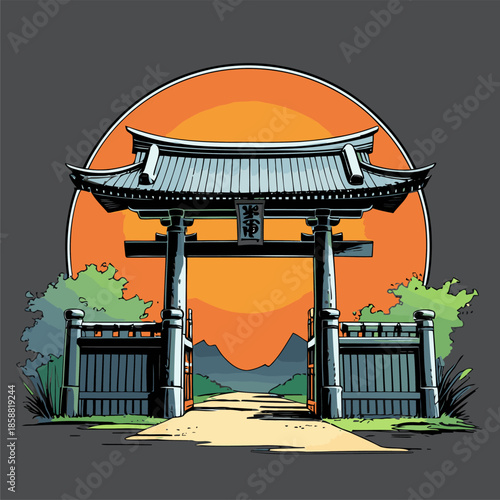 Vector image of a traditional Japanese gate in an image with attractive colors