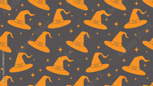 Whimsical orange witch hats on dark background with magic stars