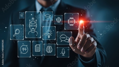 Person in business attire interacting with a digital interface displaying various icons and data visualization elements