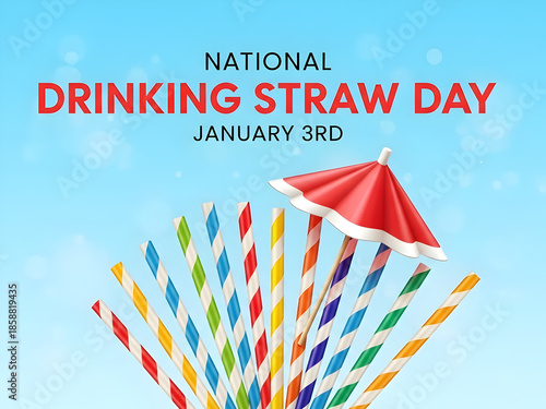 Celebrate national drinking straw day on january 3rd featuring colorful striped straws and a festive umbrella illustration